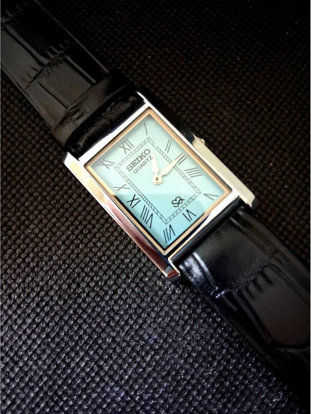 VINTAGE Seiko Quartz Dress Men's Seiko Tank Tiffany Blue Dial Watch RARE